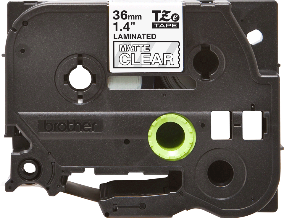 TZe-M65 mat gelamineerde labeltape wit op transparant – breedte 36 mm 2